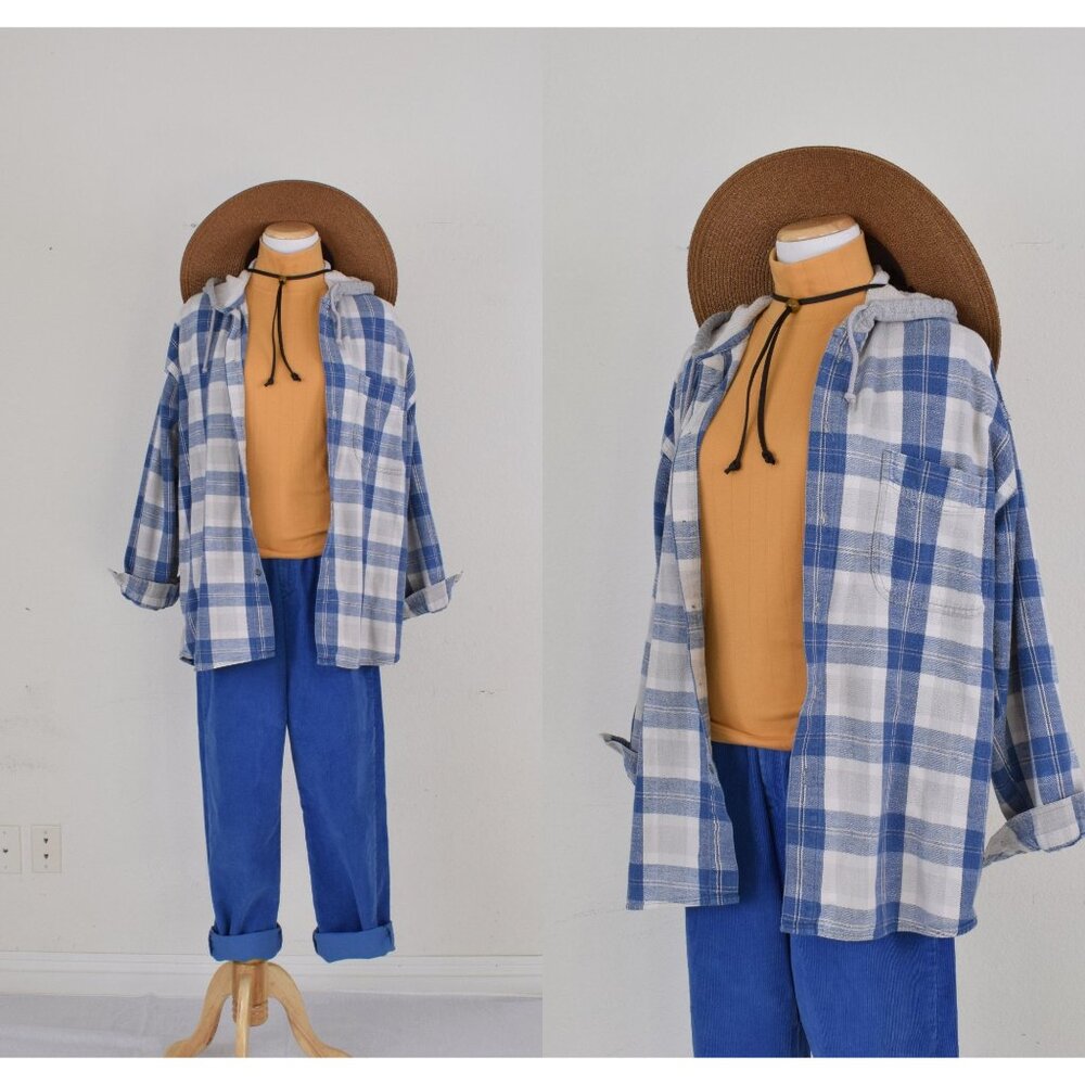 Vintage 90s Blue Plaid Cotton Shirt | long‎ sleeves size L